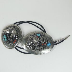 Silver Turquoise Coral - Horse Head Belt Buckle & Bolo Tie Set Vintage Southwest